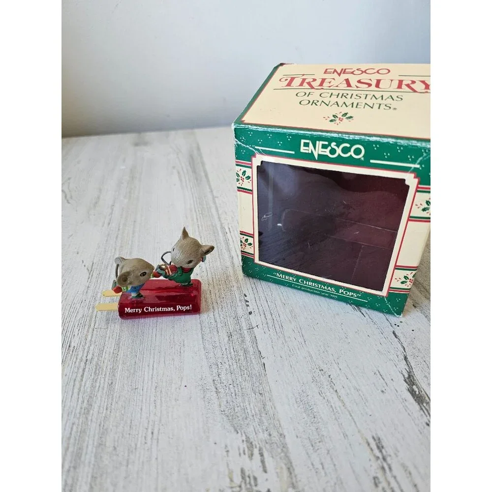 Enesco Merry Xmas pops popsicle mice ornament vintage 1989 562971 ice skating sk